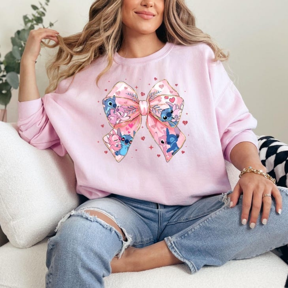 Pink Bow Stitch and Angel Sweatshirt with Cute Characters | Cozy & Stylish